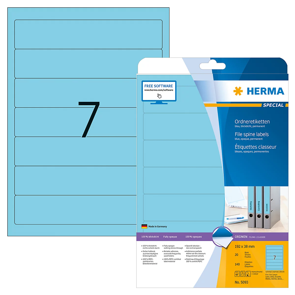 Herma ordneretiketten A4, 192 mm lang, permanent hechtend/bedrukbaar, 140 stuks, blauw