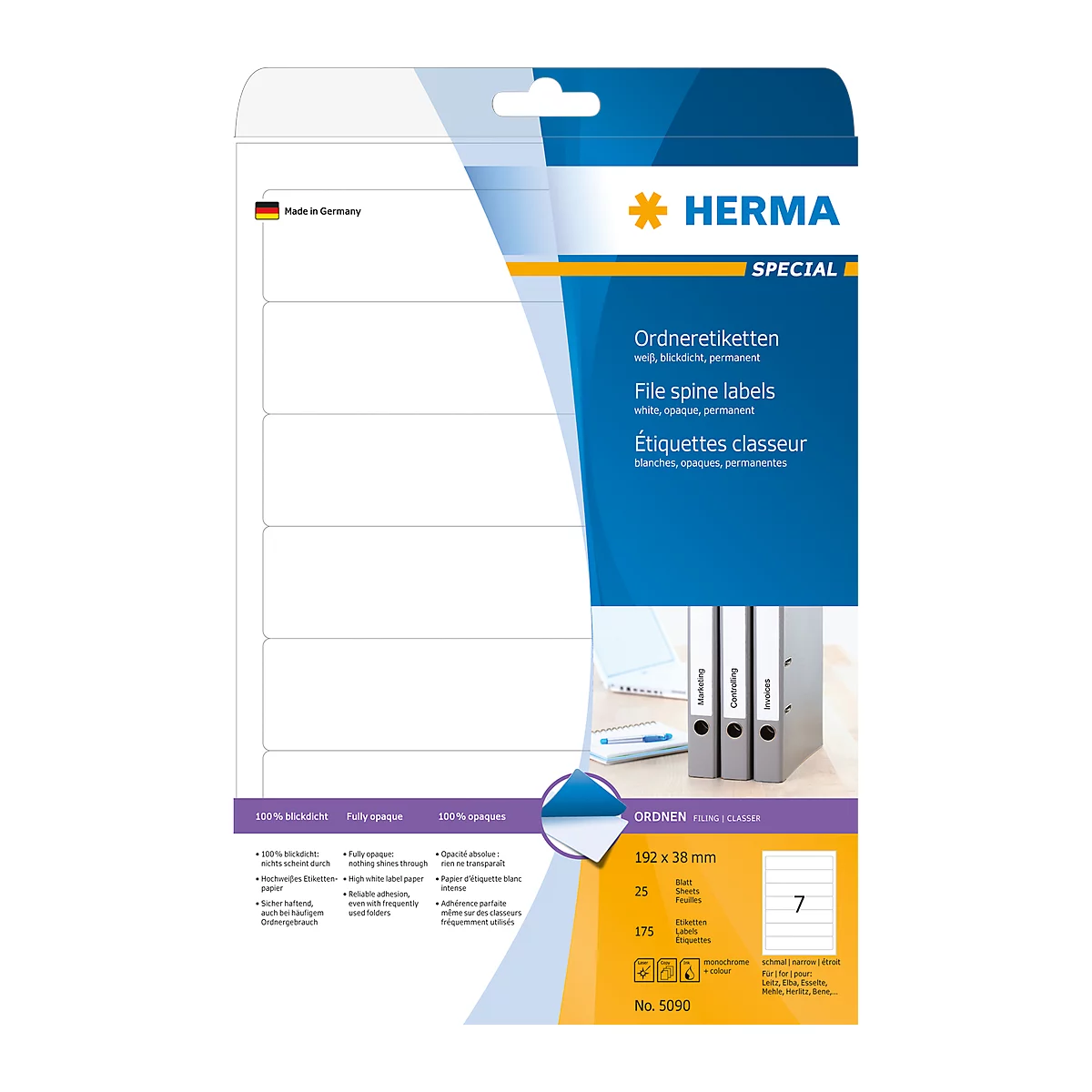 Herma ordneretiketten A4, 192 mm lang, permanent hechtend/bedrukbaar, 175 stuks, wit