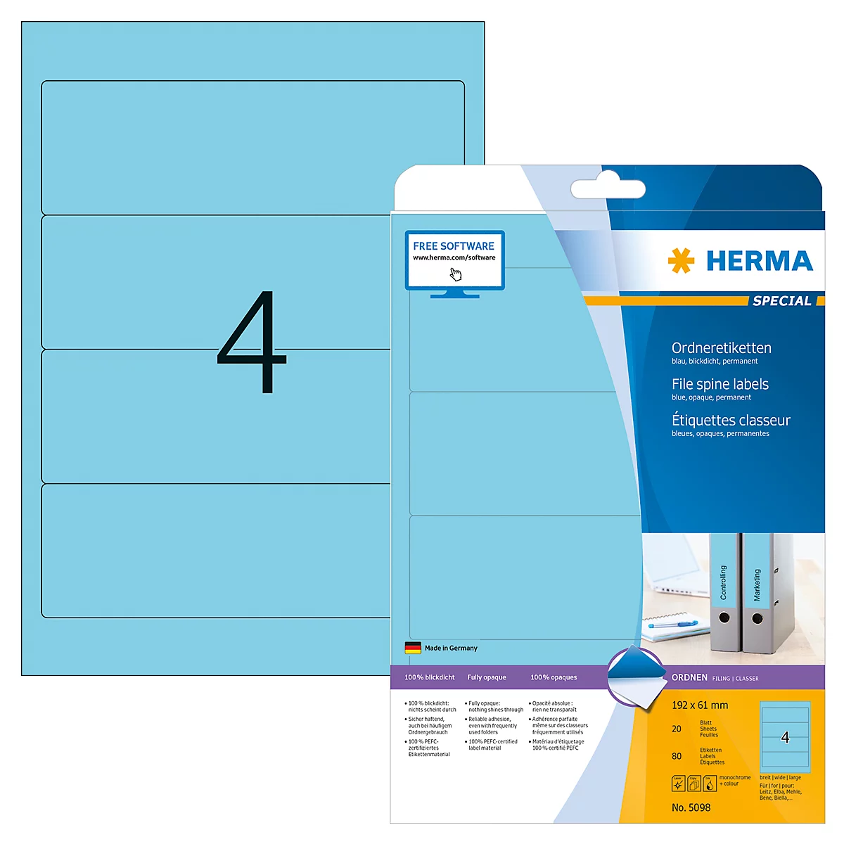 Herma Ordneretiketten A4, 192 mm, permanent haftend/bedruckbar, 80 Stück, blau