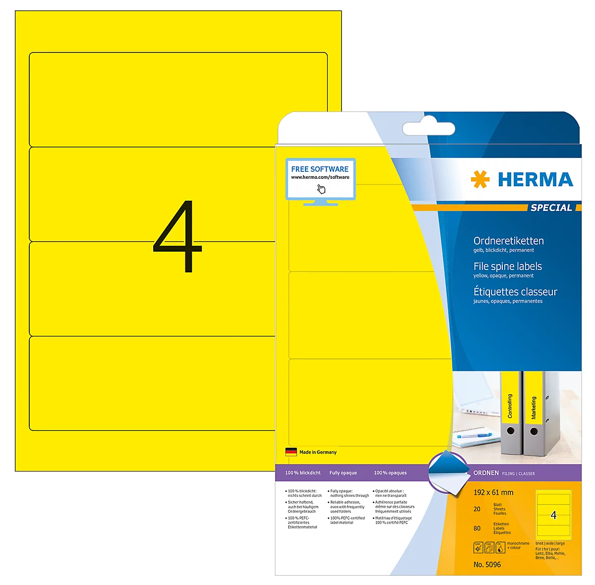 Herma Ordneretiketten A4, 192 x 61 mm, permanent haftend/bedruckbar, 80 Stück, gelb