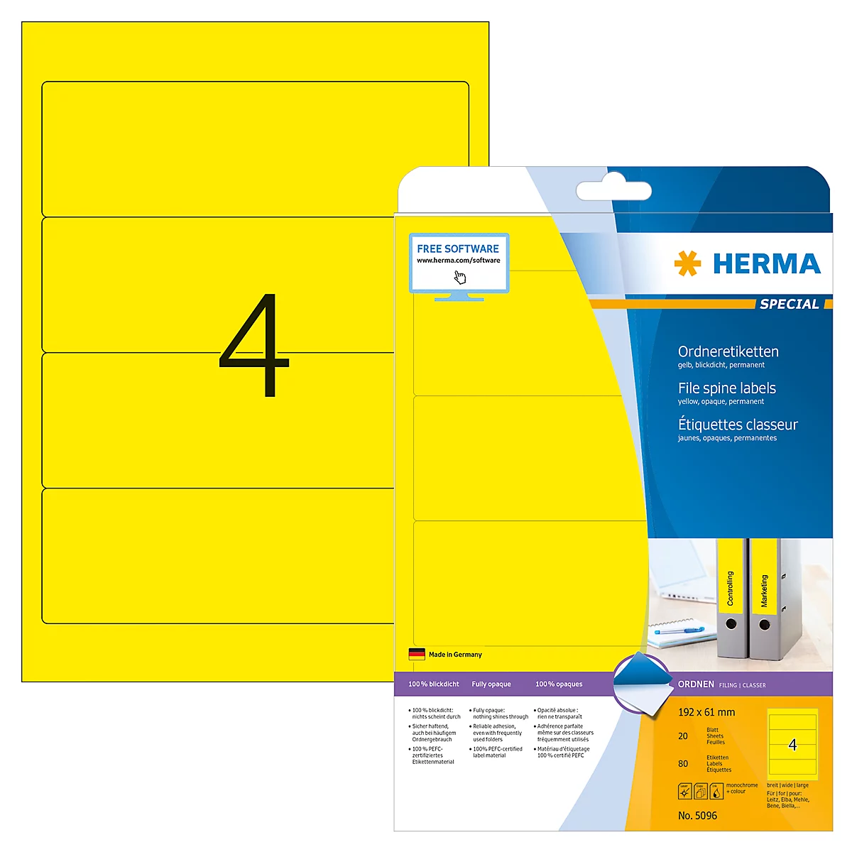 Herma Ordneretiketten A4, 192 x 61 mm, permanent haftend/bedruckbar, 80 Stück, gelb