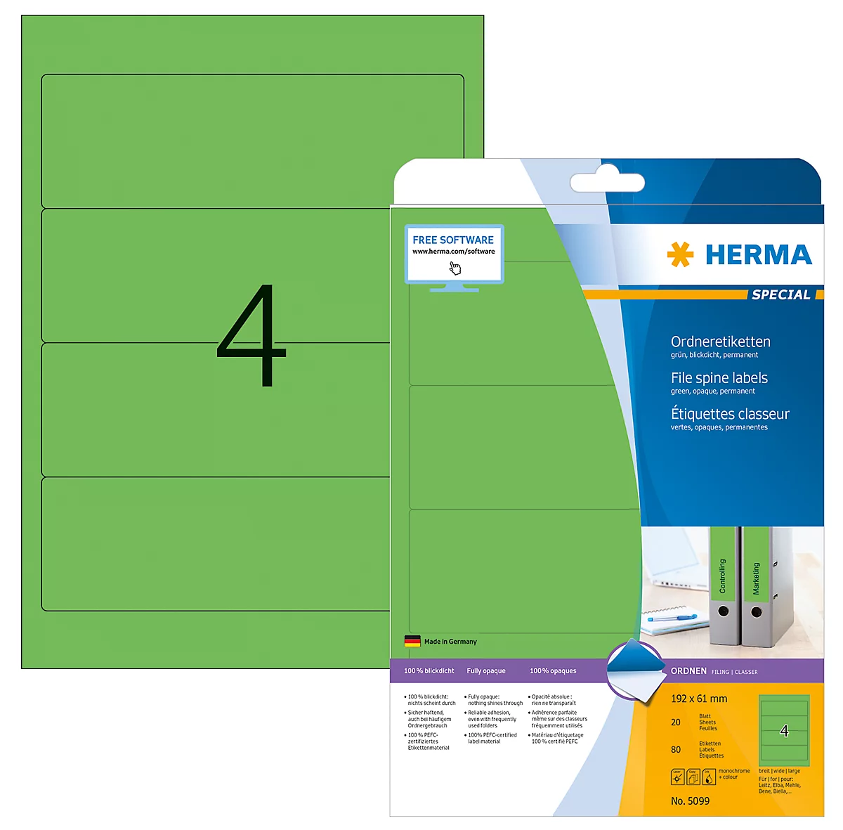 Herma Ordneretiketten A4, 192 x 61 mm, permanent haftend/bedruckbar, 80 Stück, grün