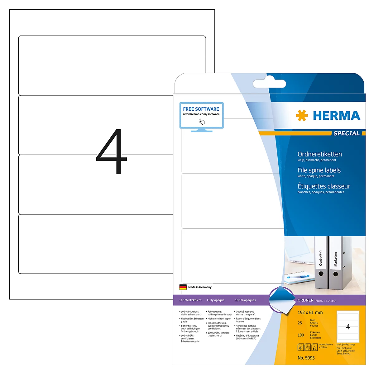 Herma ordneretiketten A4, 192 x 61 mm, permanent hechtend/bedrukbaar, 100 stuks, wit
