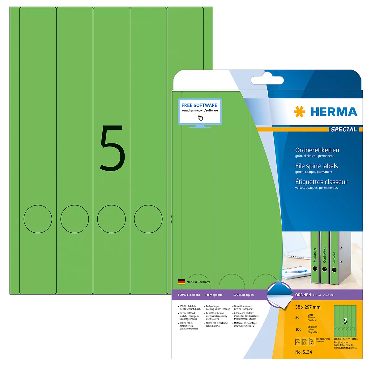 Herma Ordneretiketten A4, 297 mm lang, permanent haftend/bedruckbar, 100 Stück, grün