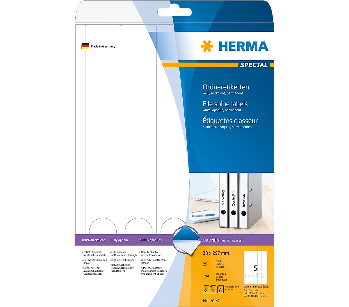 Herma Ordneretiketten A4, 297 mm lang, permanent haftend/bedruckbar, 125 Stück, weiß