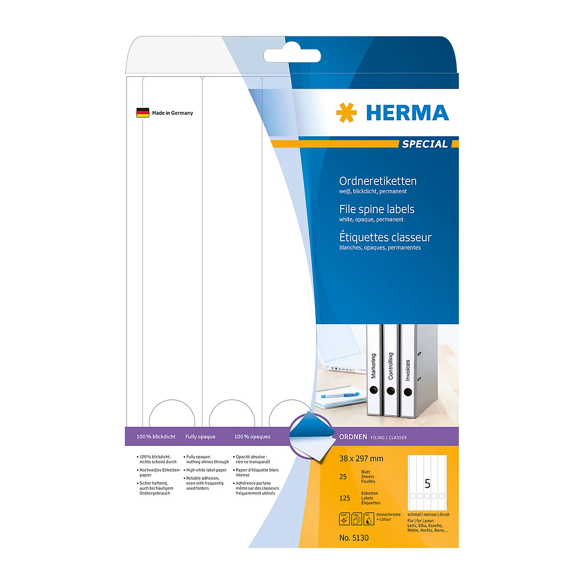 Herma Ordneretiketten A4, 297 mm lang, permanent haftend/bedruckbar, 125 Stück, weiß