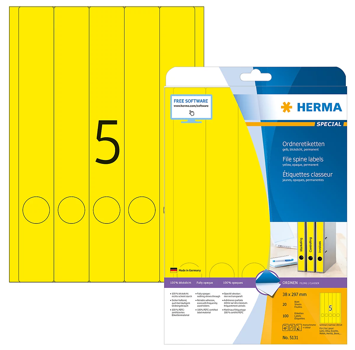Herma Ordneretiketten A4, 297 mm, permanent haftend/bedruckbar, 100 Stück, gelb