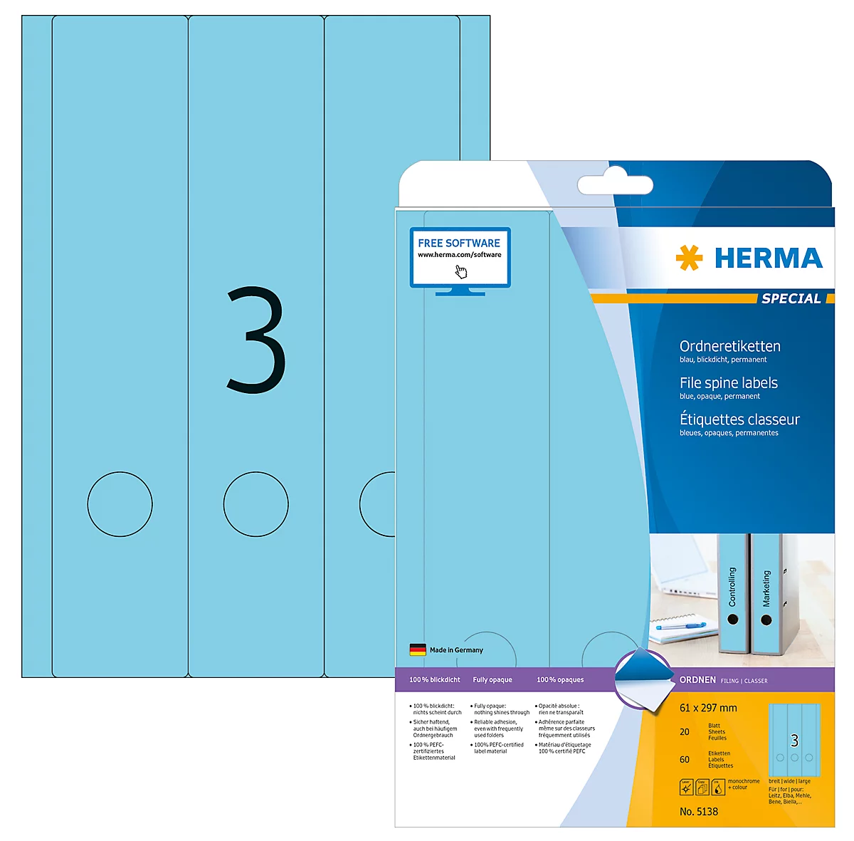 Herma Ordneretiketten A4, 297 x 61 mm, permanent haftend/bedruckbar, 60 Stück, blau
