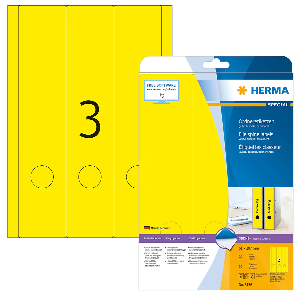 Herma Ordneretiketten A4, 297 x 61 mm, permanent haftend/bedruckbar, 60 Stück, gelb