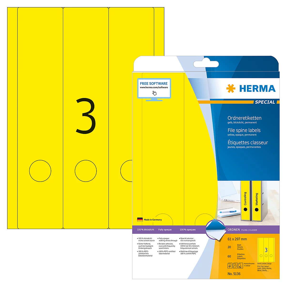 Herma Ordneretiketten A4, 297 x 61 mm, permanent haftend/bedruckbar, 60 Stück, gelb