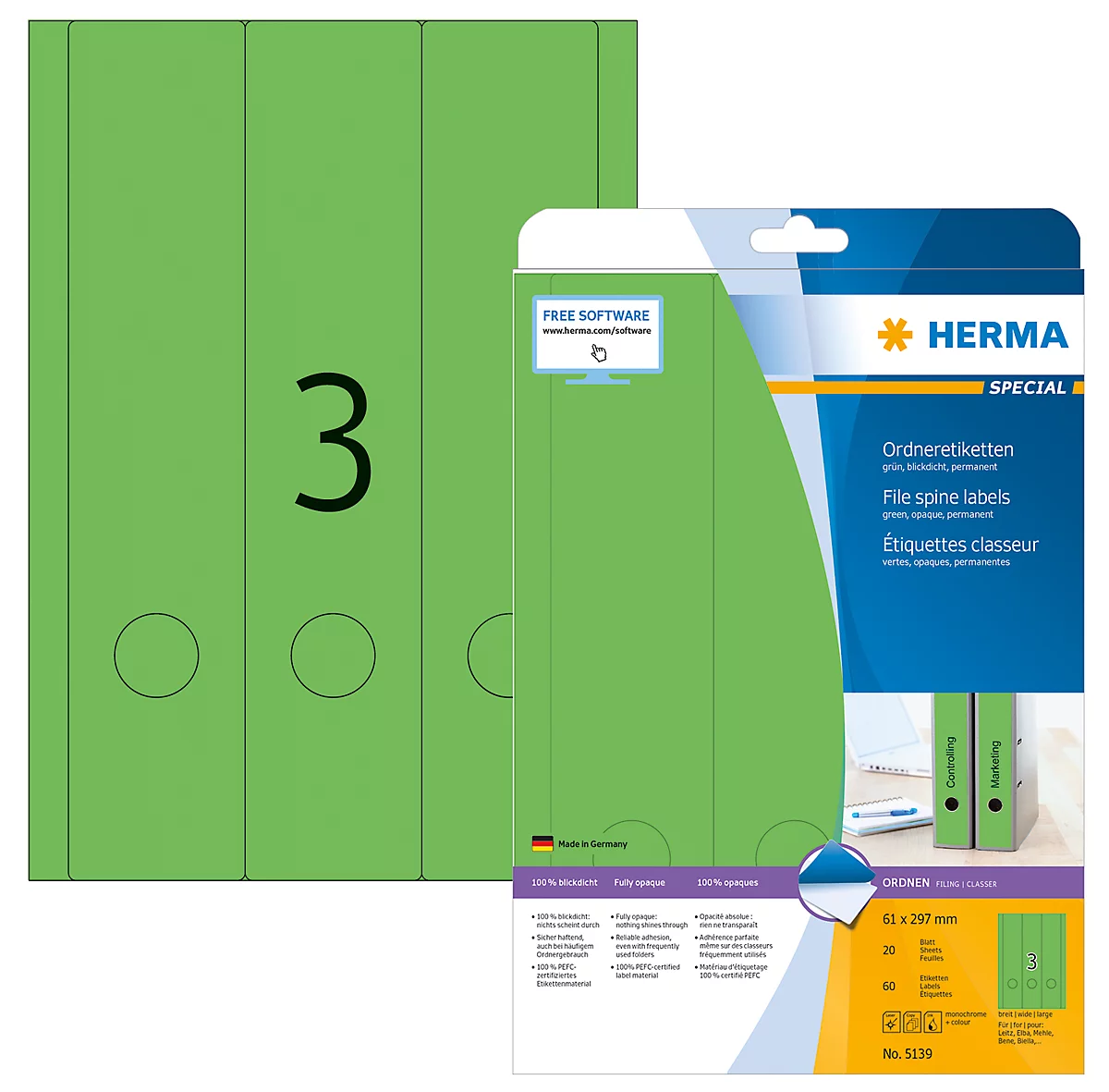 Herma Ordneretiketten A4, 297 x 61 mm, permanent haftend/bedruckbar, 60 Stück, grün