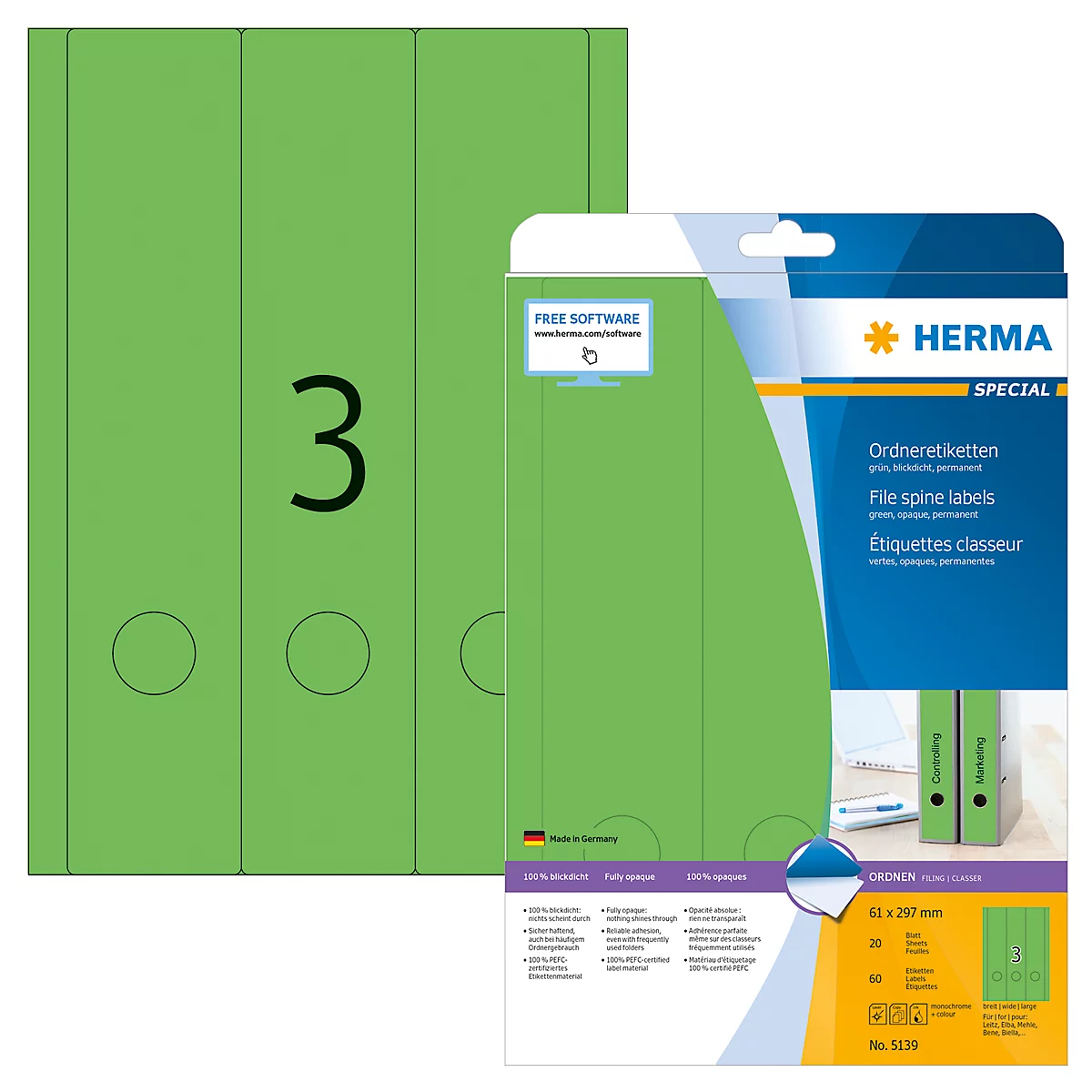 Herma Ordneretiketten A4, 297 x 61 mm, permanent haftend/bedruckbar, 60 Stück, grün