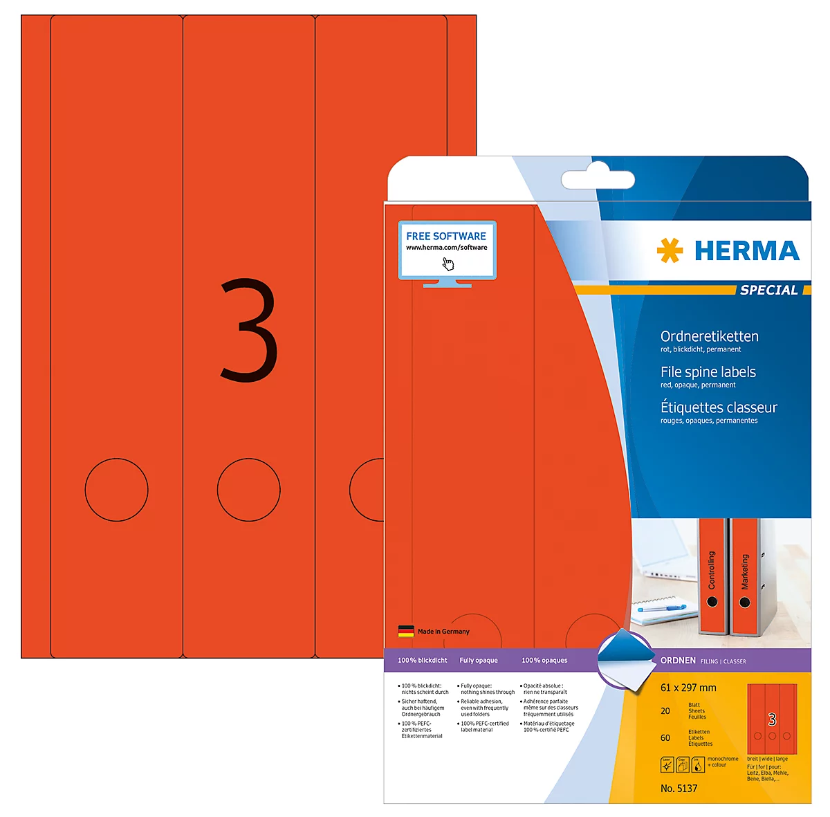 Herma Ordneretiketten A4, 297 x 61 mm, permanent haftend/bedruckbar, 60 Stück, rot