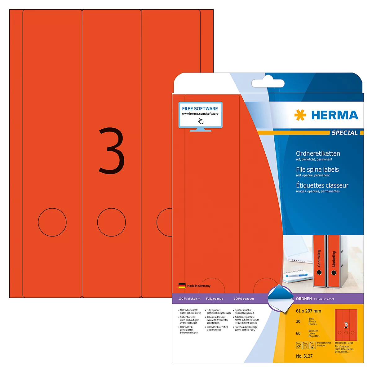 Herma Ordneretiketten A4, 297 x 61 mm, permanent haftend/bedruckbar, 60 Stück, rot