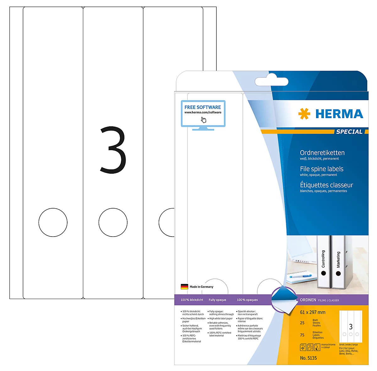 Herma Ordneretiketten A4, 297 x 61 mm, permanent haftend/bedruckbar, 75 Stück, weiß