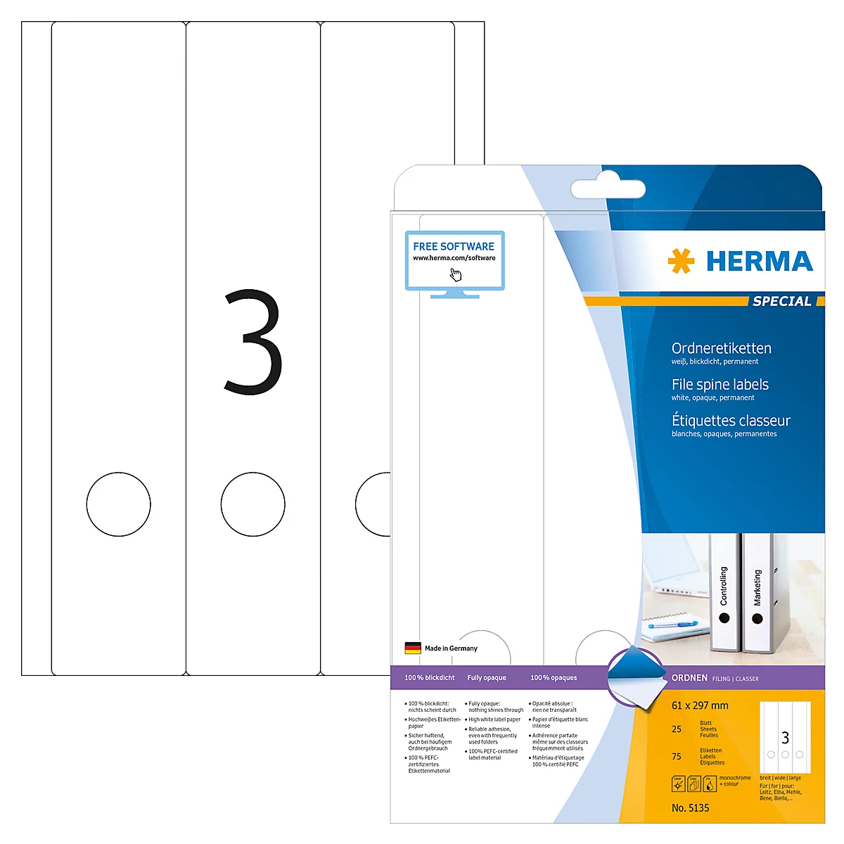 Herma Ordneretiketten A4, 297 x 61 mm, permanent haftend/bedruckbar, 75 Stück, weiß