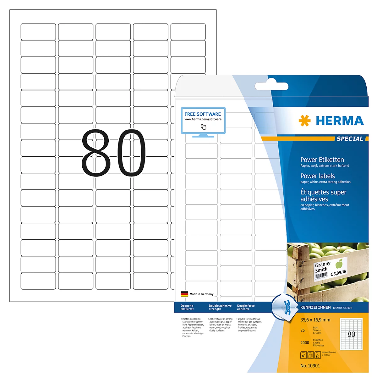 Herma Power-Etiketten Nr. 10901 auf DIN A4-Blättern, 2000 Etiketten, 25 Bogen