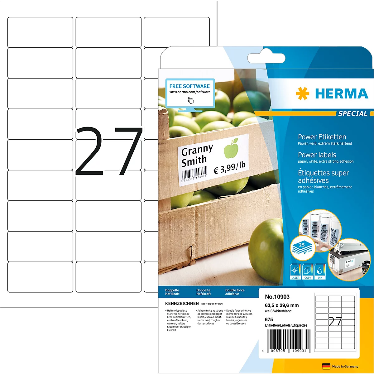 Herma Power-Etiketten Nr. 10903, 63,5 x 29,6 mm, selbstklebend, extrem stark haftend, Papier, weiss, 675 Stück
