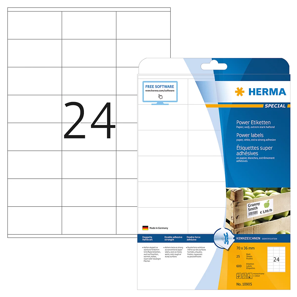 Herma Power-Etiketten Nr. 10905 auf DIN A4-Blättern, 600 Etiketten, 25 Bogen