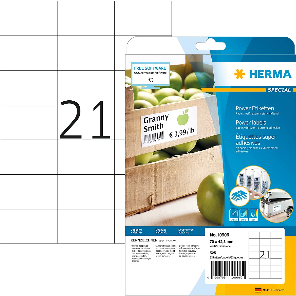 Herma Power etiketten nr. 10906, 70 x 42,3 mm, zelfklevend, extreem sterk hechtend, papier, wit, 525 st.