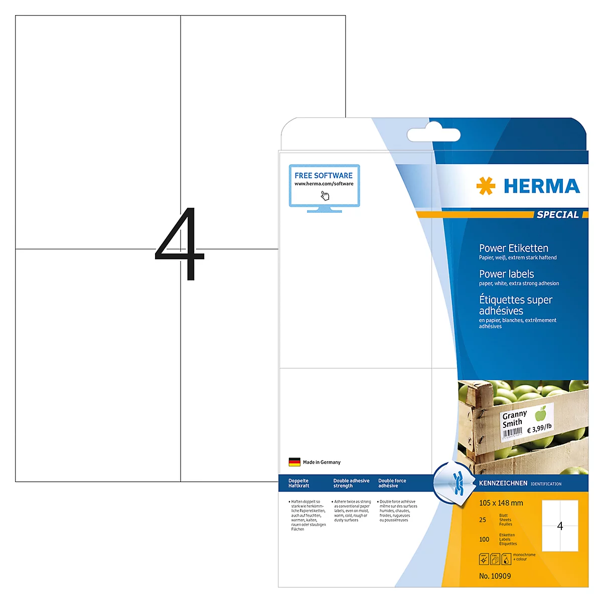 Herma Power-Etiketten Nr. 10909 auf DIN A4-Blättern, 100 Etiketten, 25 Bogen