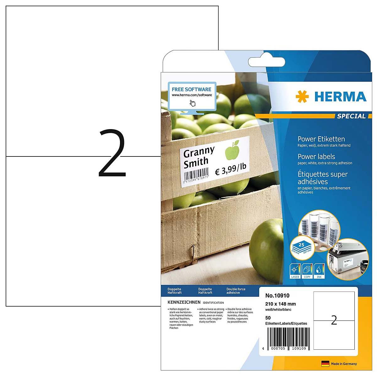 Herma Power-Etiketten Nr. 10910, 210 x 148 mm, selbstklebend, extrem stark haftend, Papier, weiß, 50 Stück