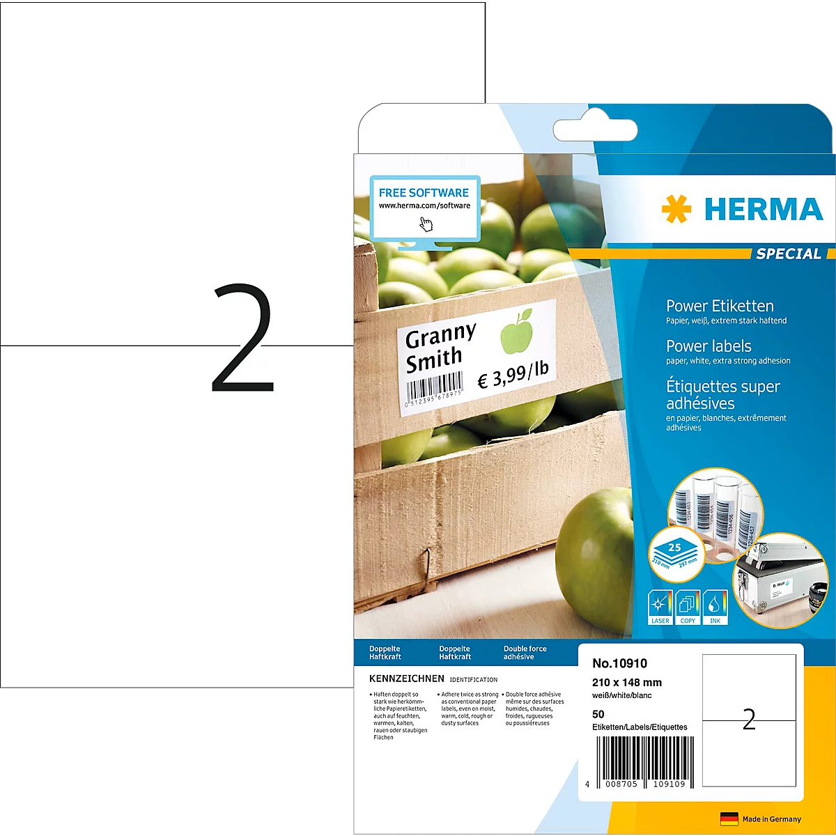 Herma Power-Etiketten Nr. 10910, 210 x 148 mm, selbstklebend, extrem stark haftend, Papier, weiß, 50 Stück