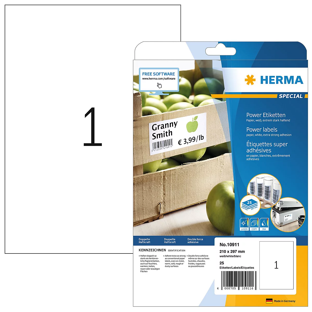Herma Power etiketten nr. 10911, 210 x 297 mm, zelfklevend, extreem sterk hechtend, papier, wit, 25 st.