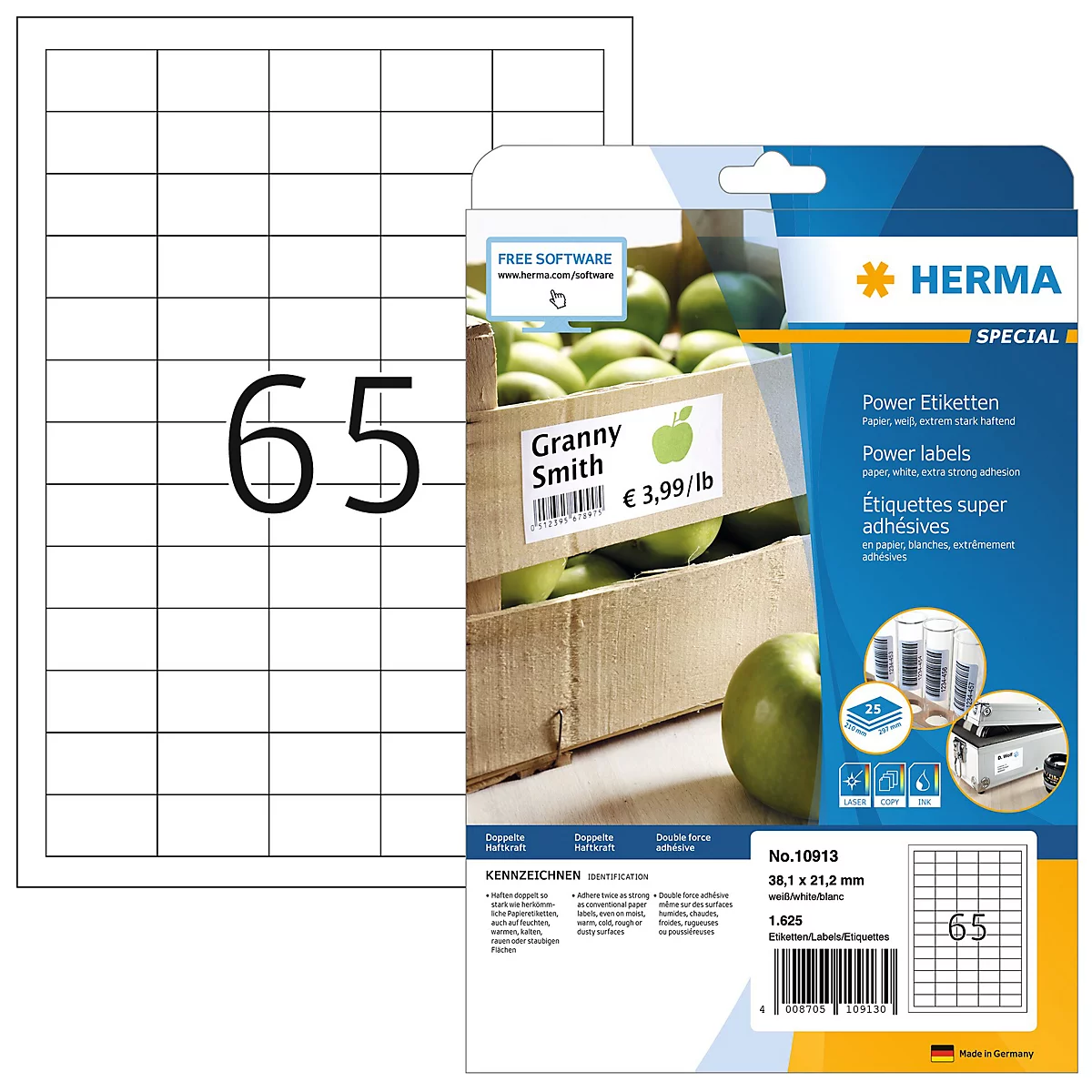 Herma Power etiketten nr. 10913, 38,1 x 21,2 mm, zelfklevend, extreem sterk hechtend, papier, wit, 1625 st.
