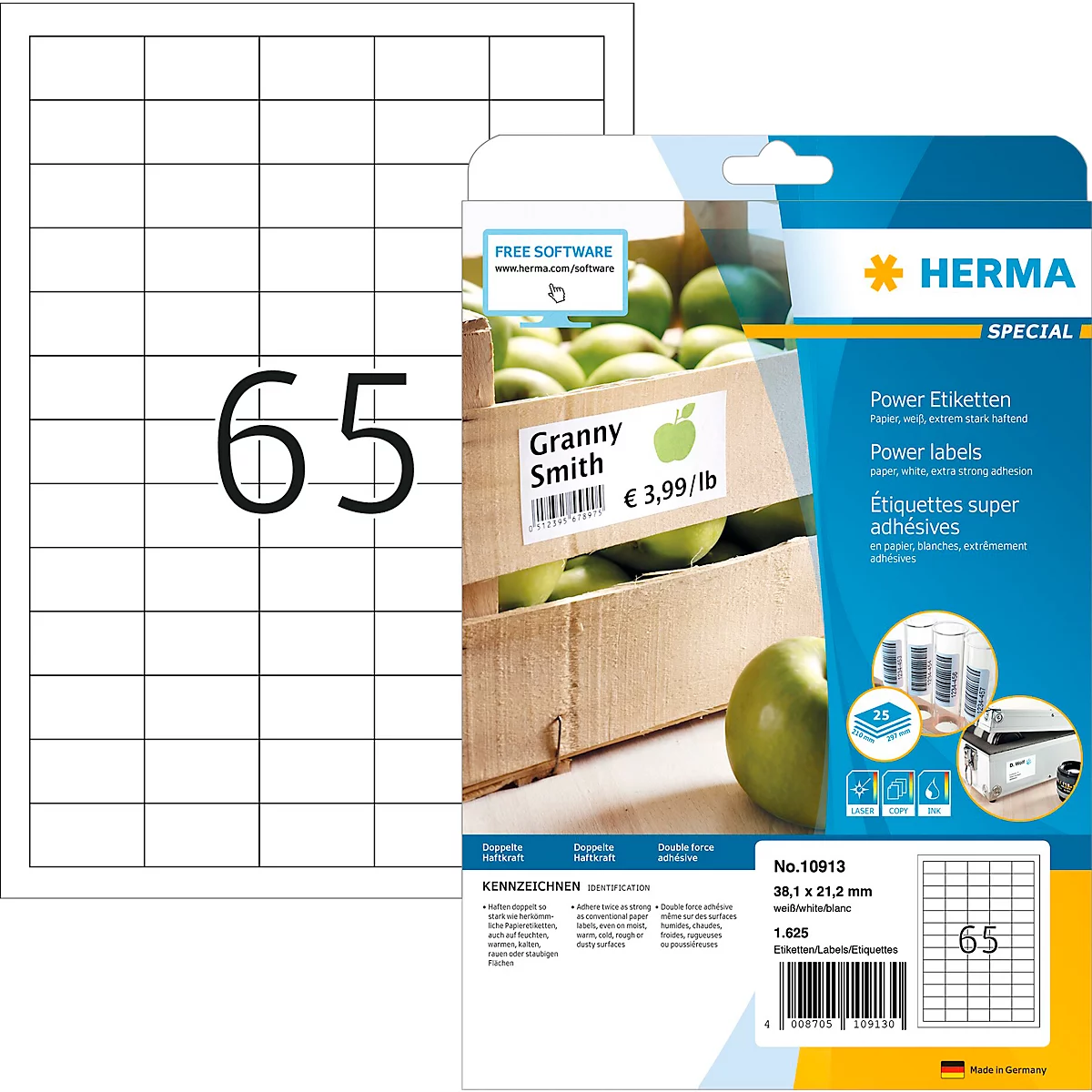 Herma Power etiketten nr. 10913, 38,1 x 21,2 mm, zelfklevend, extreem sterk hechtend, papier, wit, 1625 st.