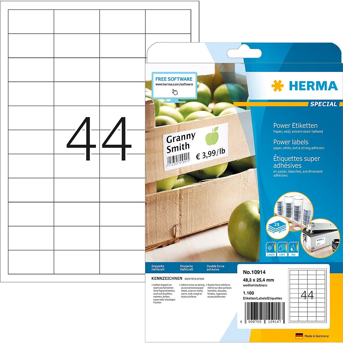 Herma Power etiketten nr. 10914, 48,3 x 25,4 mm, zelfklevend, extreem sterk hechtend, papier, wit, 1100 st.