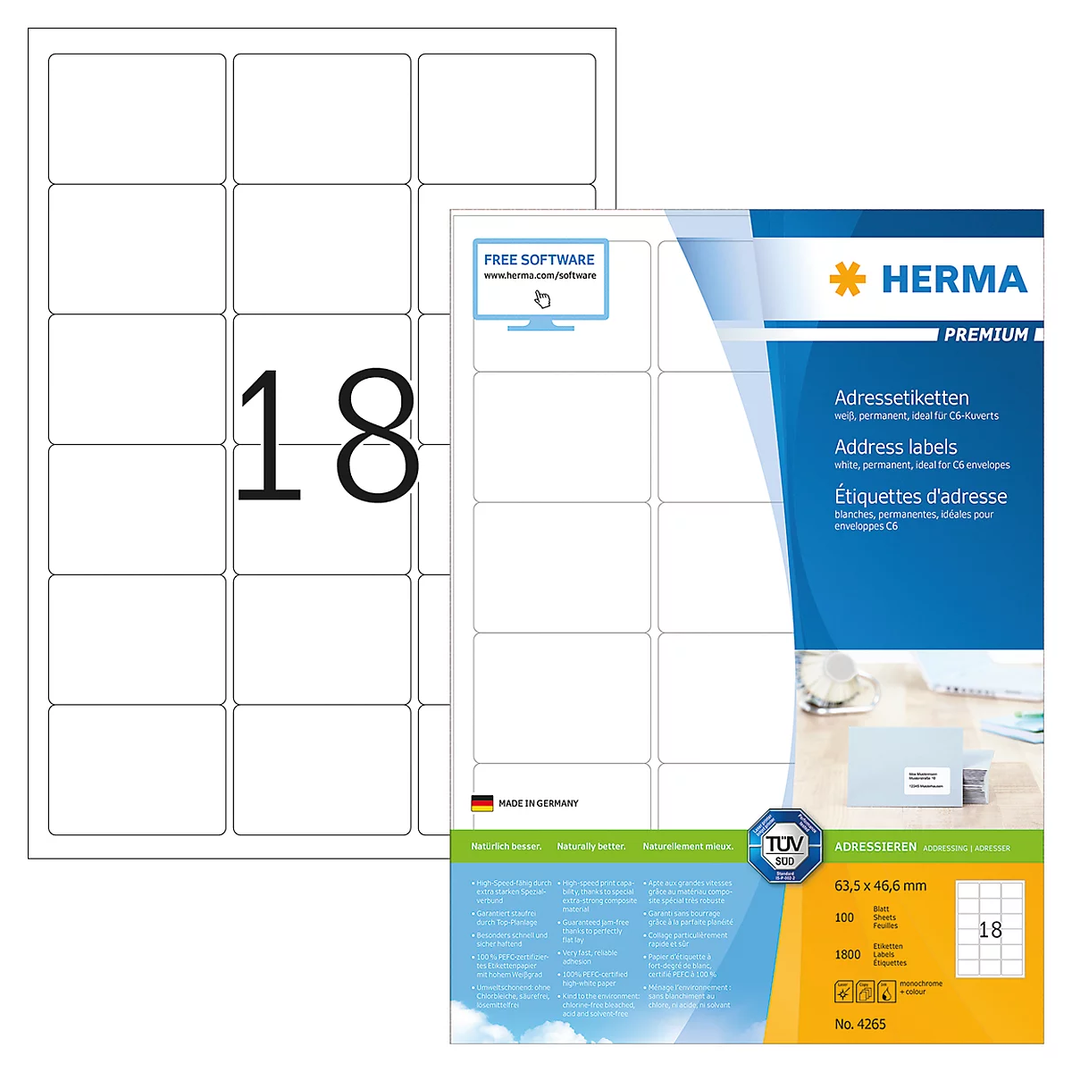Herma premium adresetiketten nr. 4265 op A4-bladen, 1800 etiketten, 100 vellen