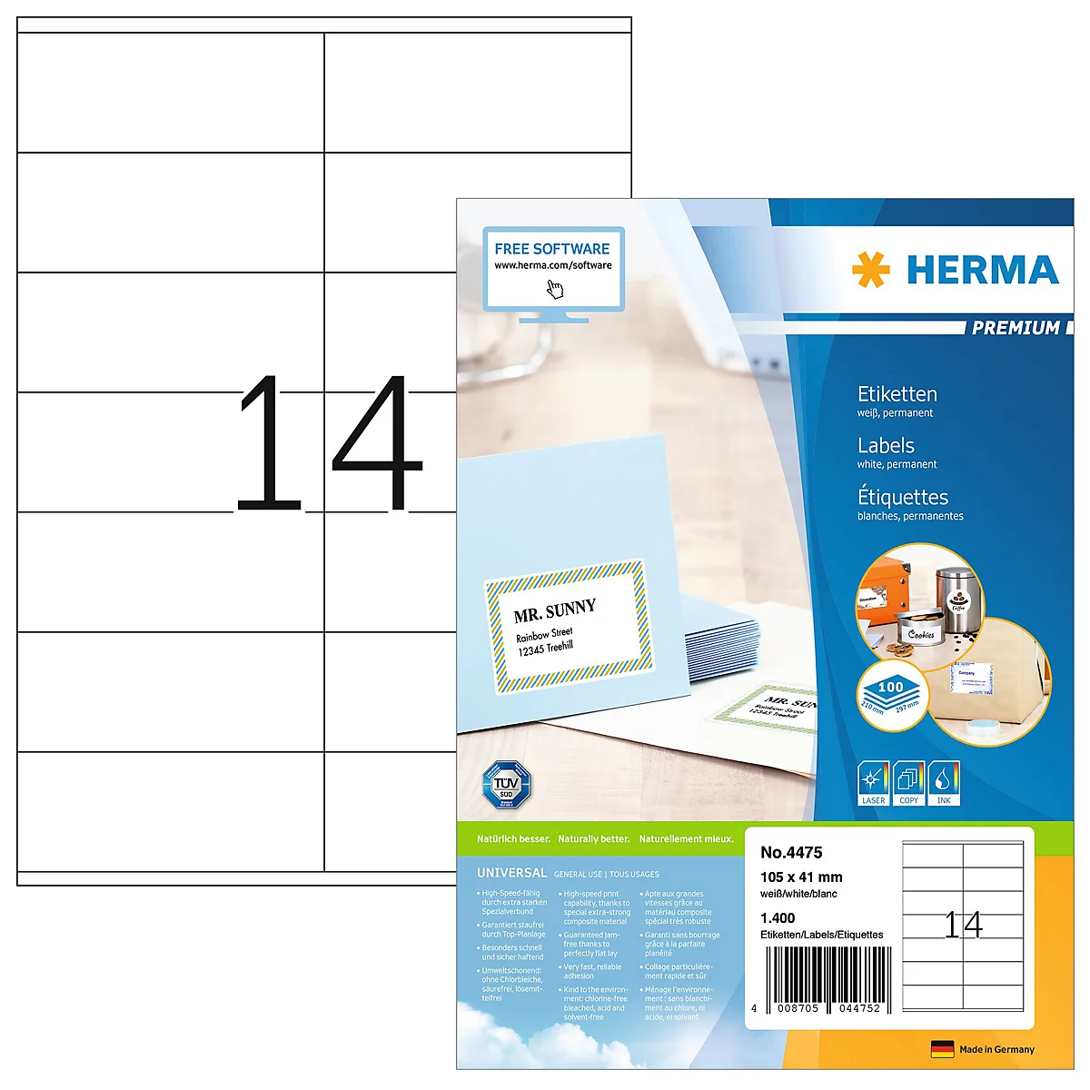 Herma premium adresetiketten nr. 4475, 105 x 41 mm, zelfklevend, permanent hechtend, bedrukbaar, papier, wit, 1400 stuks op 100 vellen