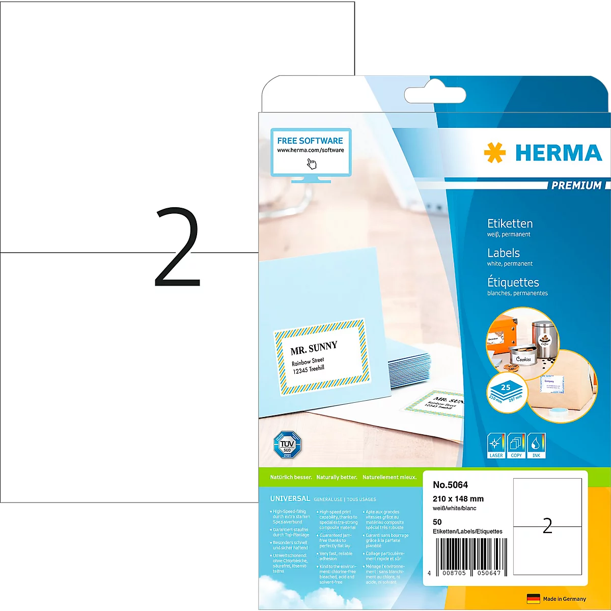 Herma premium adresetiketten nr. 5064, 210 x 148 mm, zelfklevend, permanent hechtend, bedrukbaar, papier, wit, 50 stuks op 25 vellen