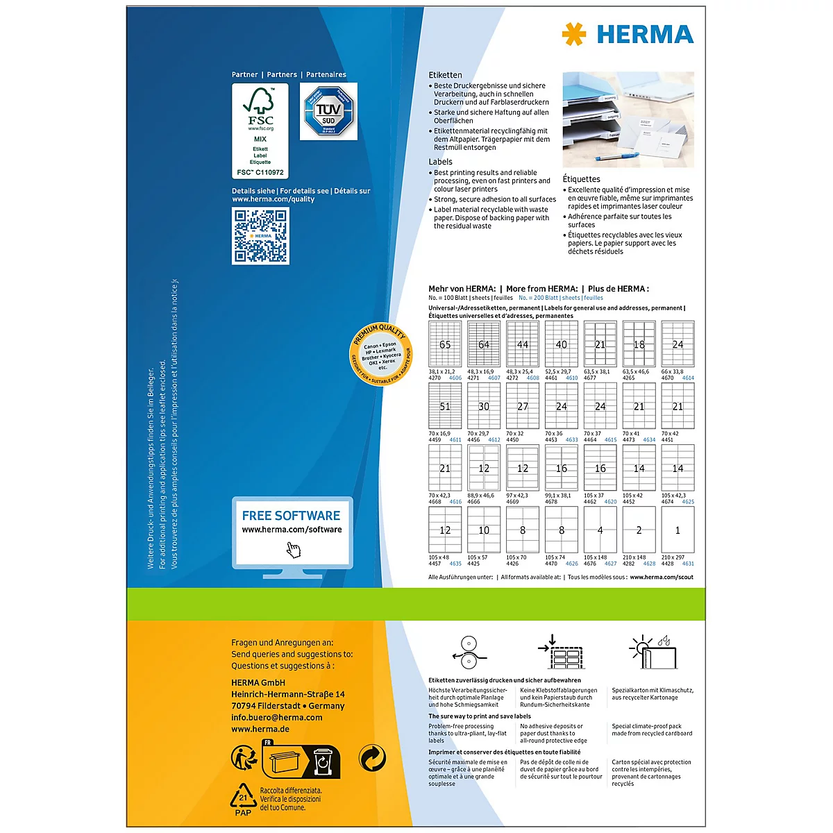 Herma Premium-Adressetiketten Nr. 4273, 52,5 x 21,2 mm, selbstklebend, permanenthaftend, bedruckbar, Papier, weiß, 5600 Stück auf 100 Blatt