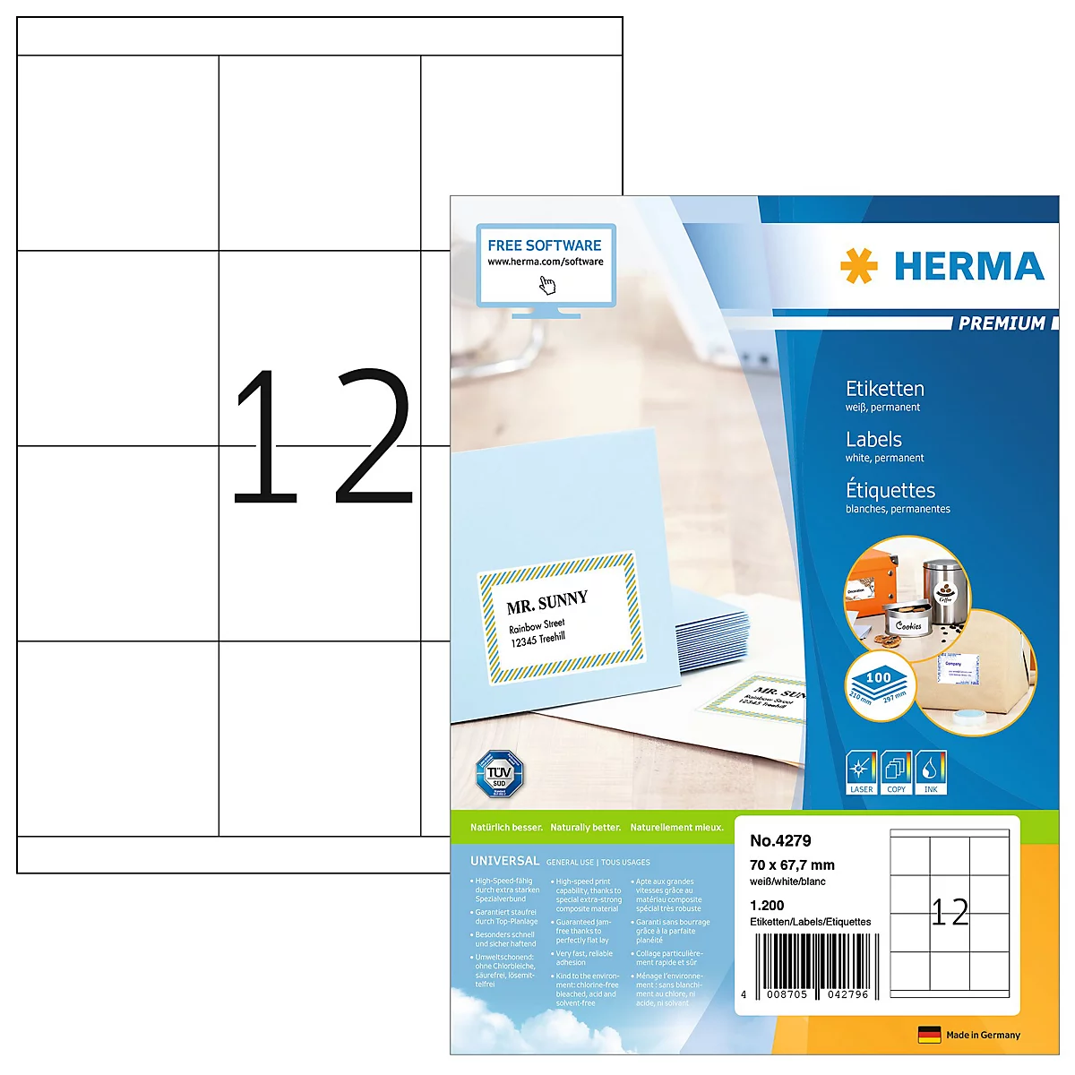 Herma Premium-Adressetiketten Nr. 4279, 70 x 67,7 mm, selbstklebend, permanenthaftend, bedruckbar, Papier, weiss, 1200 Stück auf 100 Blatt