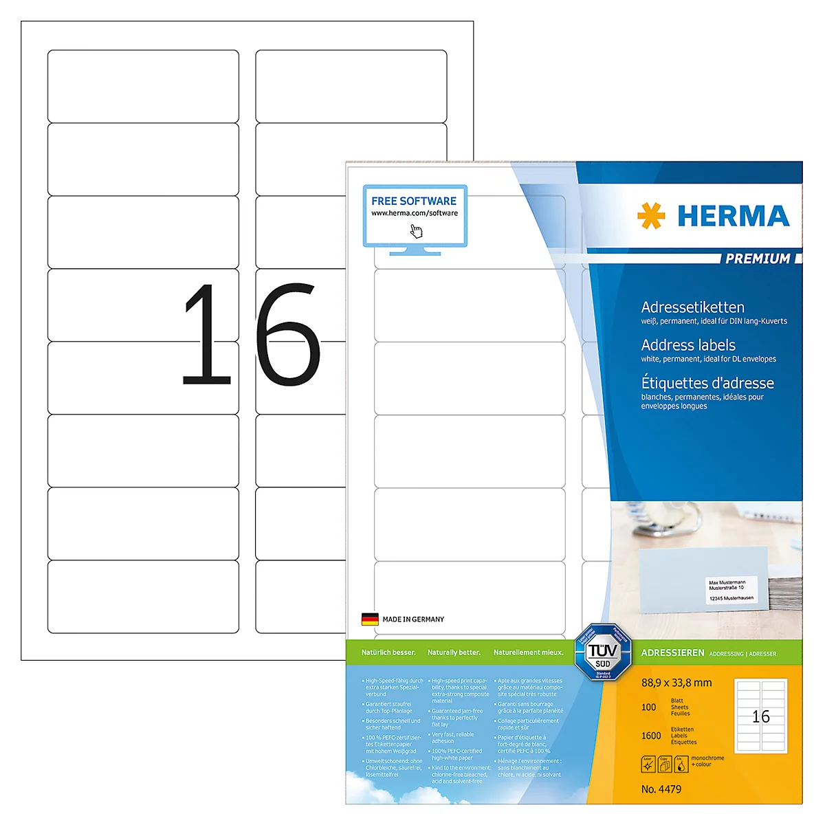 Herma Premium-Adressetiketten Nr. 4479 auf DIN A4-Blättern, 1600 Etiketten, 100 Bogen
