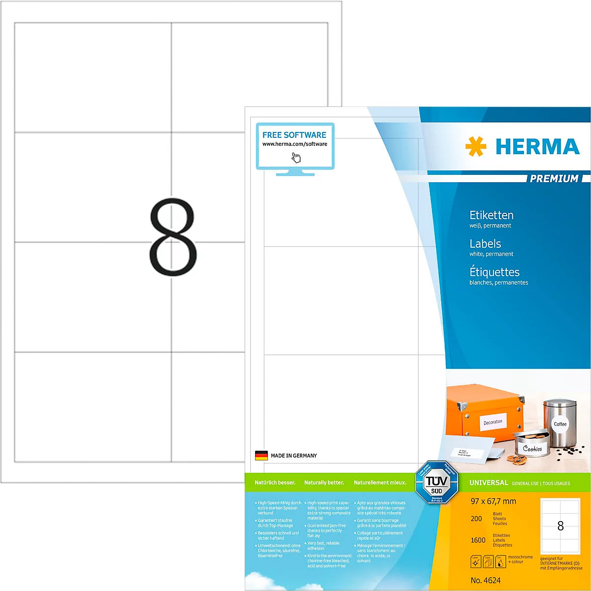 Herma Premium-Adressetiketten Nr. 4624, 97 x 67,7 mm, selbstklebend, permanenthaftend, bedruckbar, Papier, weiss, 1600 Stück auf 200 Blatt