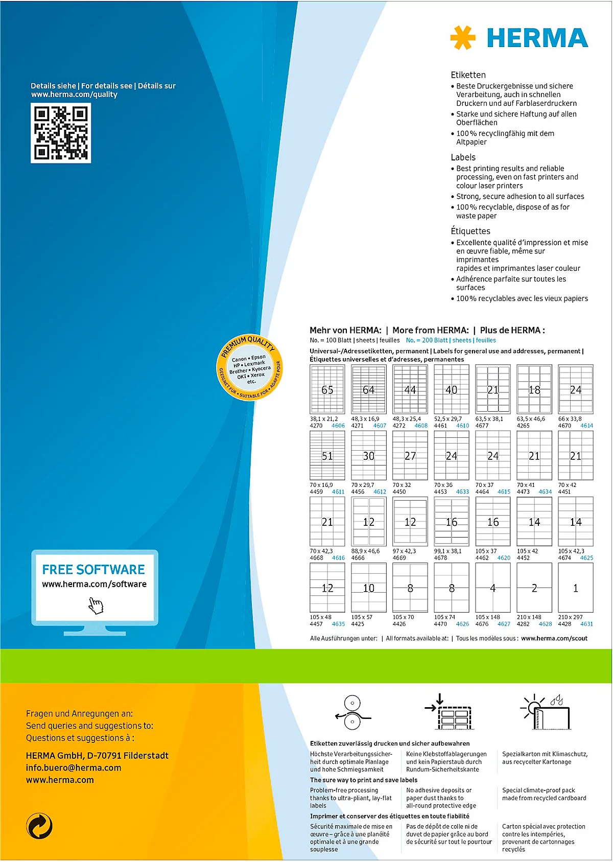 Herma Premium-Adressetiketten Nr. 4624, 97 x 67,7 mm, selbstklebend, permanenthaftend, bedruckbar, Papier, weiß, 1600 Stück auf 200 Blatt