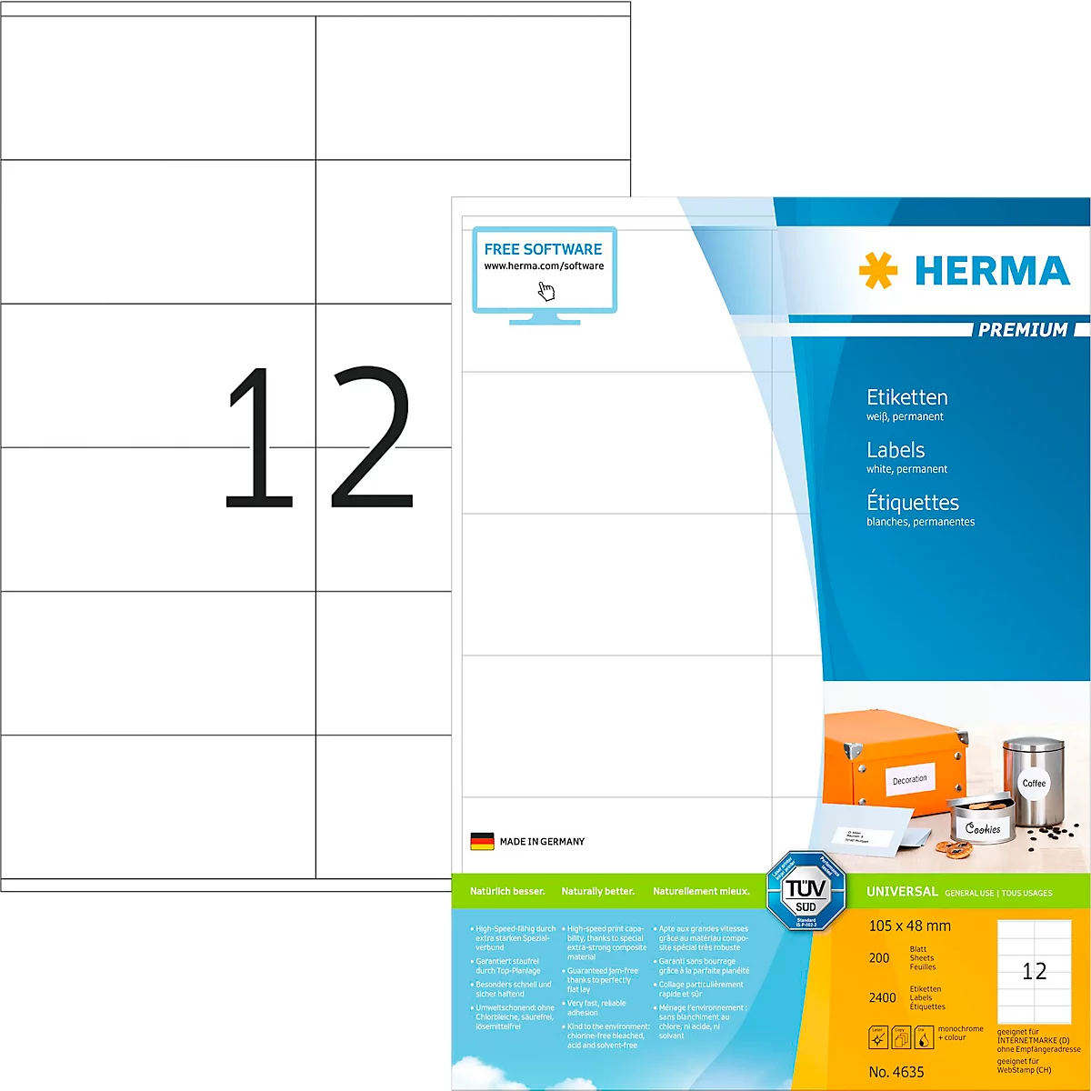 Herma Premium-Adressetiketten Nr. 4635, 105 x 48 mm, selbstklebend, permanenthaftend, bedruckbar, Papier, weiß, 2400 Stück auf 200 Blatt