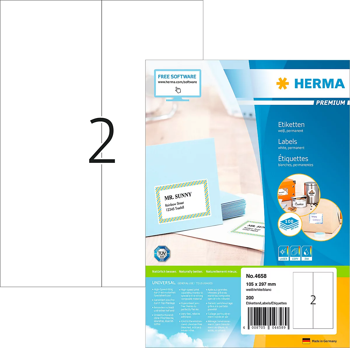 Herma Premium-Adressetiketten Nr. 4658, 105 x 297 mm, selbstklebend, permanenthaftend, bedruckbar, Papier, weiß, 200 Stück auf 100 Blatt