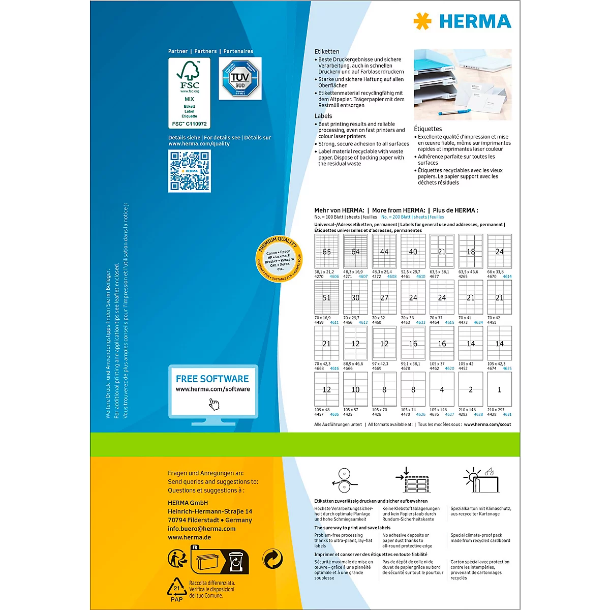 Herma Premium-Adressetiketten Nr. 4658, 105 x 297 mm, selbstklebend, permanenthaftend, bedruckbar, Papier, weiß, 200 Stück auf 100 Blatt