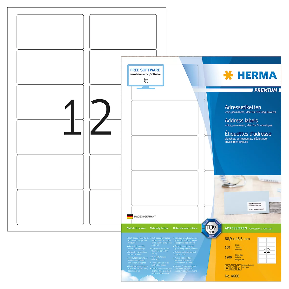 Herma Premium-Adressetiketten Nr. 4666 auf DIN A4-Blättern, 1200 Etiketten, 100 Bogen