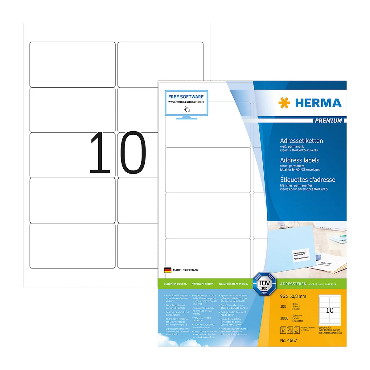Herma Premium-Adressetiketten Nr. 4667 auf DIN A4-Blättern, 1000 Etiketten, 100 Bogen