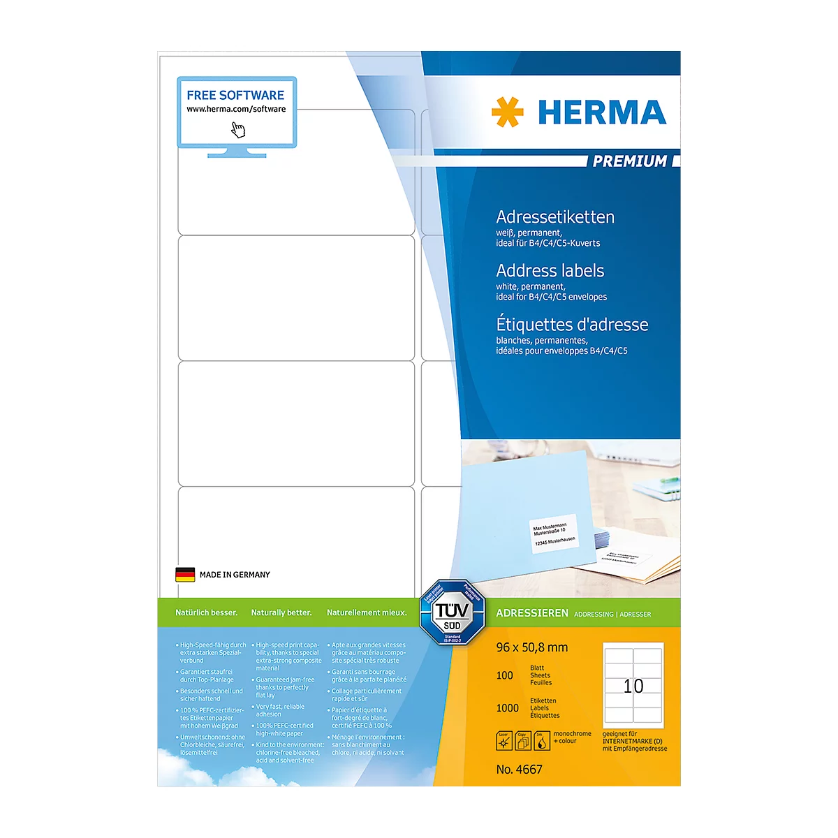 Herma Premium-Adressetiketten Nr. 4667 auf DIN A4-Blättern, 1000 Etiketten, 100 Bogen