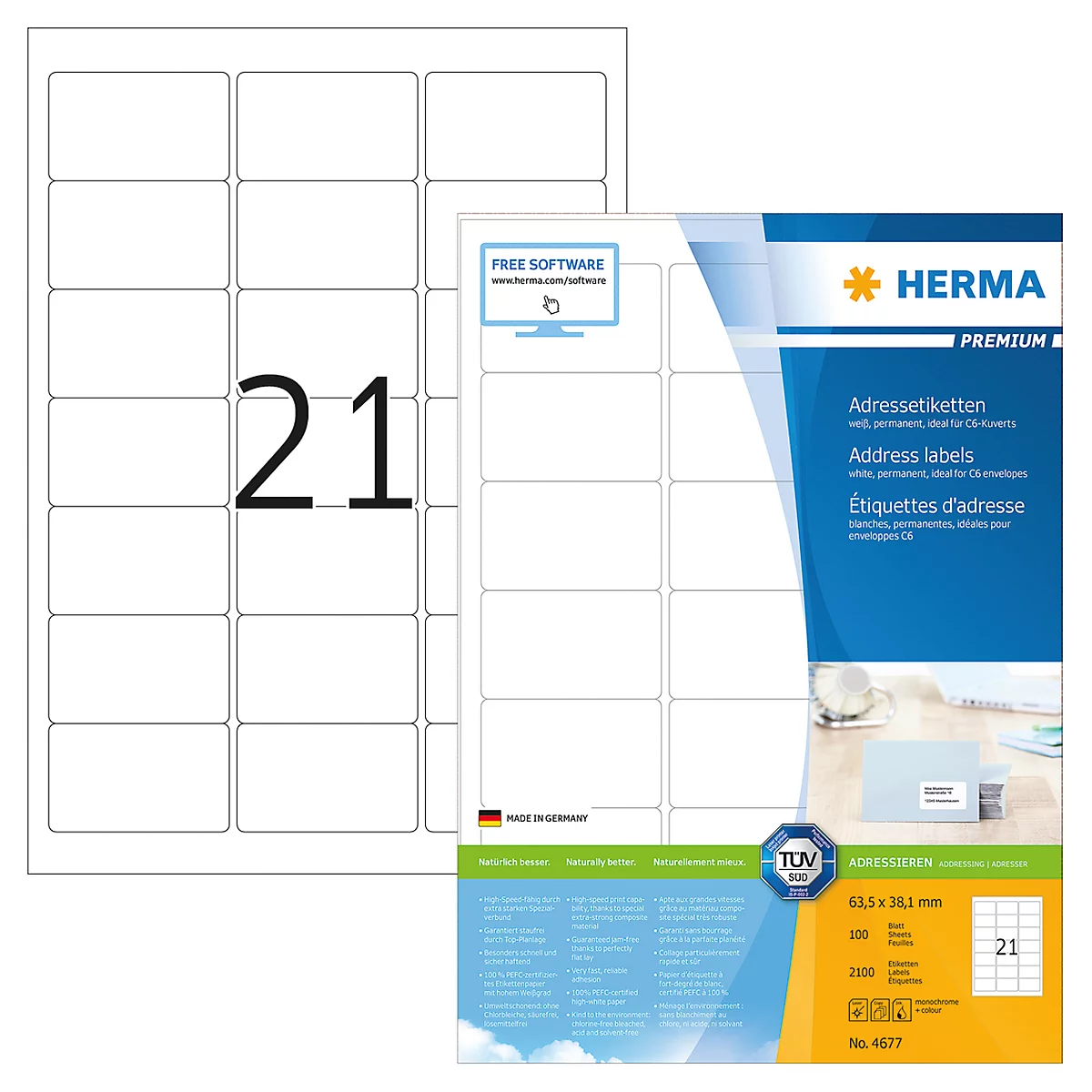 Herma Premium-Adressetiketten Nr. 4677 auf DIN A4-Blättern, 2100 Etiketten, 100 Bogen