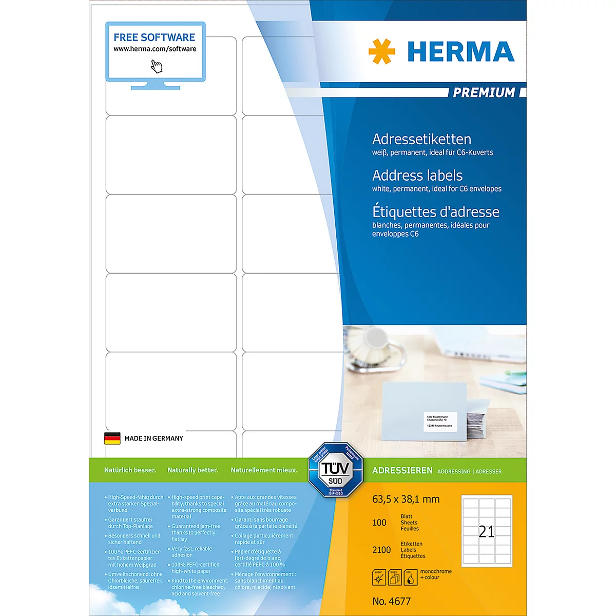 Herma Premium-Adressetiketten Nr. 4677 auf DIN A4-Blättern, 2100 Etiketten, 100 Bogen