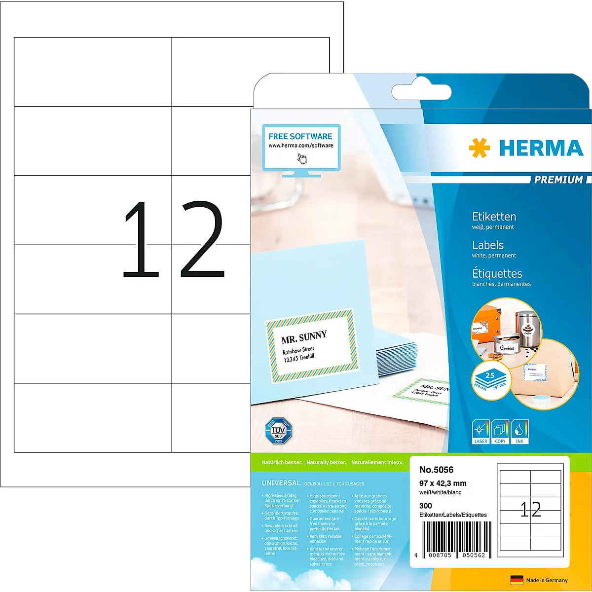 Herma Premium-Adressetiketten Nr. 5056, 97 x 42,3 mm, selbstklebend, permanenthaftend, bedruckbar, Papier, weiß, 300 Stück auf 25 Blatt