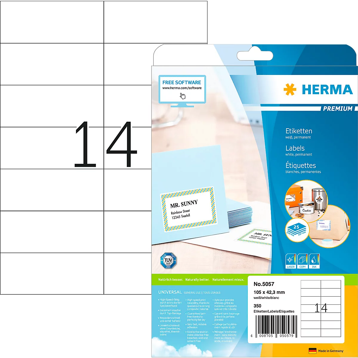 Herma Premium-Adressetiketten Nr. 5057, 105 x 42,3 mm, selbstklebend, permanenthaftend, bedruckbar, Papier, weiss, 350 Stück auf 25 Blatt