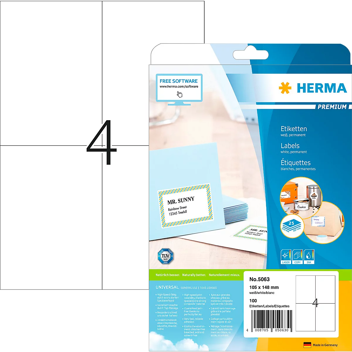 Herma Premium-Adressetiketten Nr. 5063, 105 x 148 mm, selbstklebend, permanenthaftend, bedruckbar, Papier, weiß, 100 Stück auf 25 Blatt